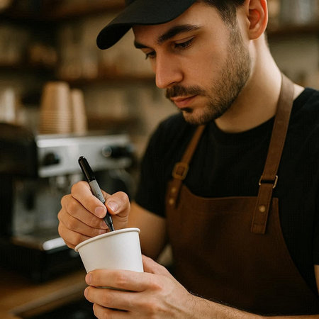 Portrait of a handsome barista holding a cup of coffee.