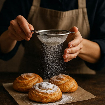 Female hands sprinkling sugar on cinnamon buns. Bakery concept