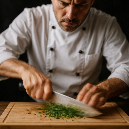 Chef in white uniform cutting parsley on a wooden board.