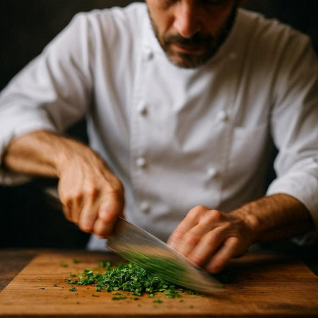 Chef cutting parsley on a wooden board in the kitchen.