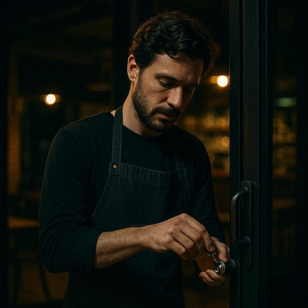 Portrait of a handsome young man in apron standing near the door at night