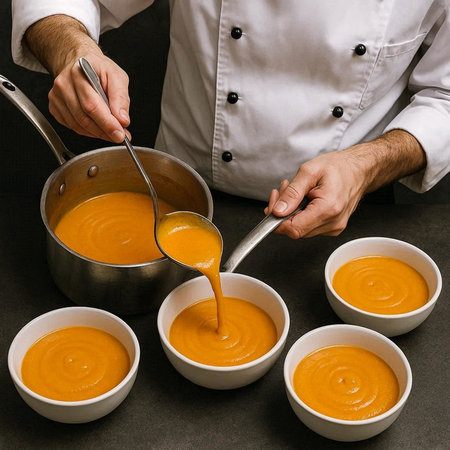 Chef preparing pumpkin soup in a kitchen, close-up.