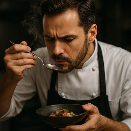 Close-up portrait of a man in a white shirt and a black apron holding a bowl of pasta in his hands while preparing food in a restaurant