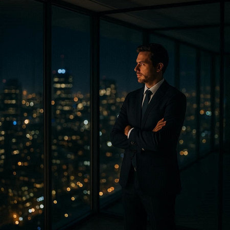Portrait of a handsome businessman standing in front of a window with a city view