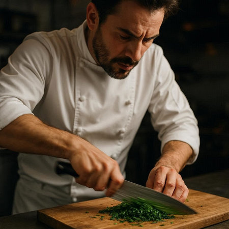 Male chef cutting green onion on a wooden board in a restaurant kitchen