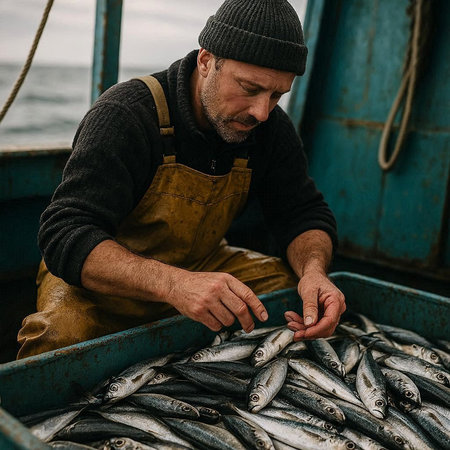 Fisherman with freshly caught sardines on fishing boat.