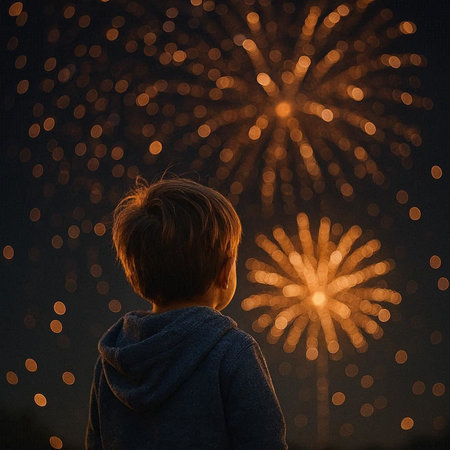Young boy looking at fireworks on the background of the night sky.の写真素材
