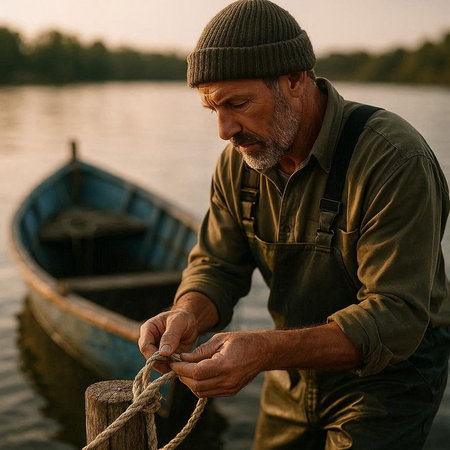 Portrait of an elderly man with a gray beard wearing a green shirt and hat, fishing on a small wooden boat at sunset.
