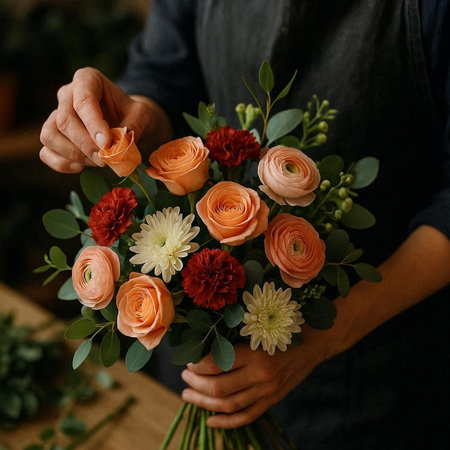 Florist holding a beautiful bouquet of mixed flowers in her hands