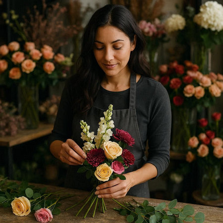 Female florist making beautiful bouquet of mixed flowers in her flower shop.