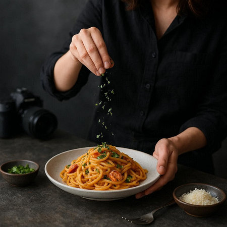 Woman holding plate of spaghetti with tomato sauce and parsley on dark background