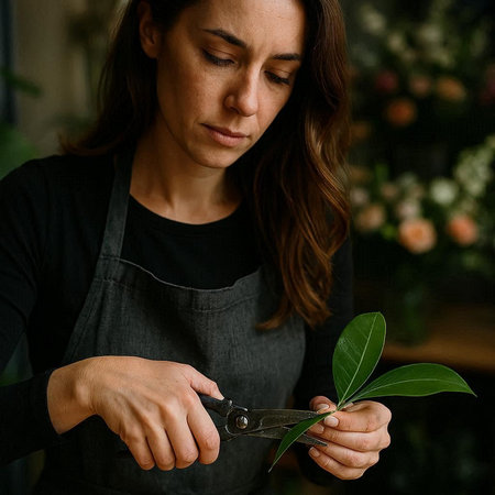 Female florist cutting a green leaf in a flower shop.
