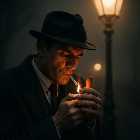 Retro 1920s gangster smoking a cigarette in the dark.