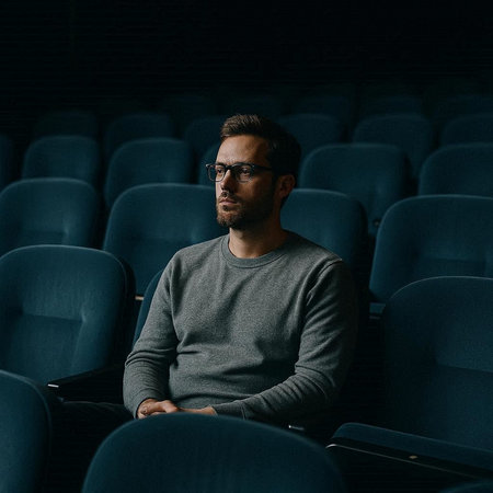 Portrait of a handsome young man in glasses sitting in an empty cinema auditorium