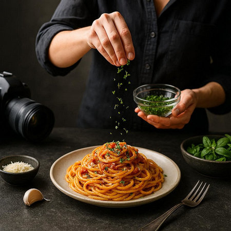 Pasta with tomato sauce and parsley on a dark background.
