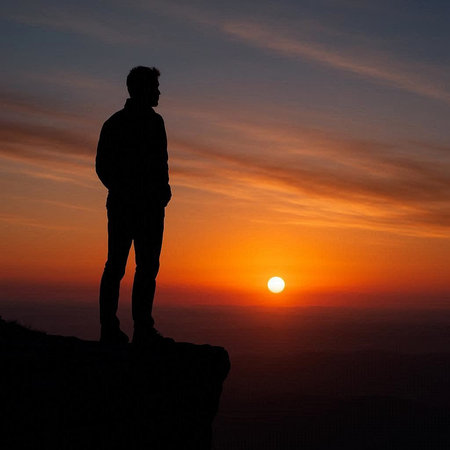 Silhouette of a man standing on the top of a mountain at sunset