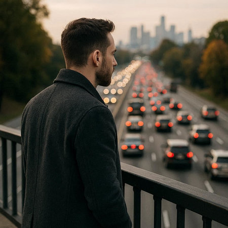 Handsome young man in a coat is standing on the bridge and looking at the city.