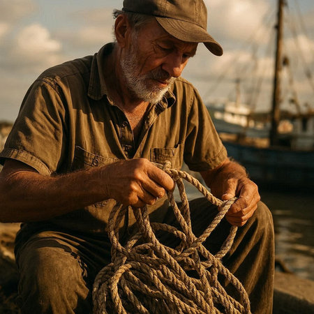 Portrait of a senior fisherman sitting on the seashore.