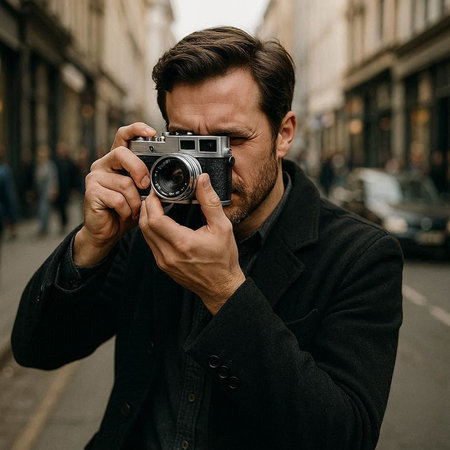 A man in a black coat with a retro camera in his hands on the street