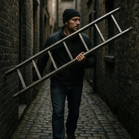 A young man with a beard and mustache in a black hoodie stands with a ladder in the old city.