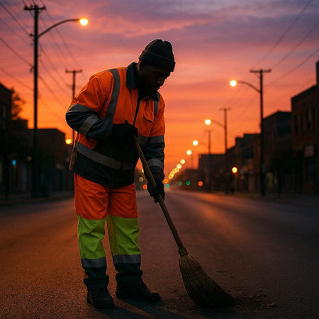 African american male worker cleaning the street with a broom at sunset