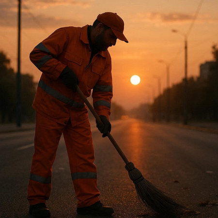 A worker cleans the road with a broom in the city at sunset