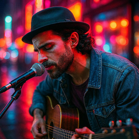 Guitarist playing guitar on stage in nightclub with colorful lights.