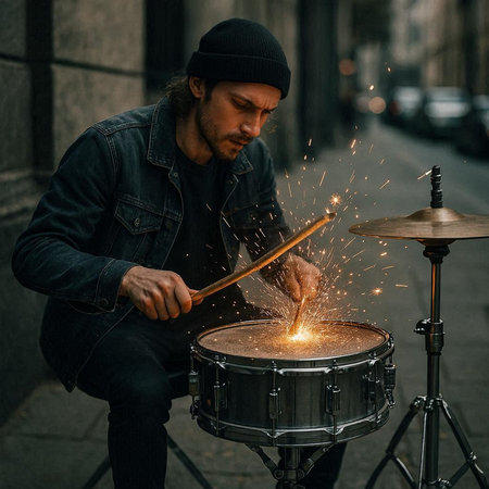 Man playing the drums in the street. He is dressed in a black jacket and hat.