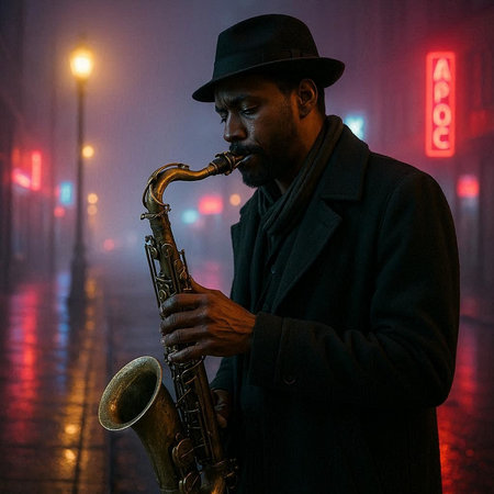 Handsome african american jazz musician playing the saxophone on a foggy street at night.