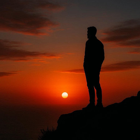 Silhouette of a man standing on top of the mountain and watching the sunset
