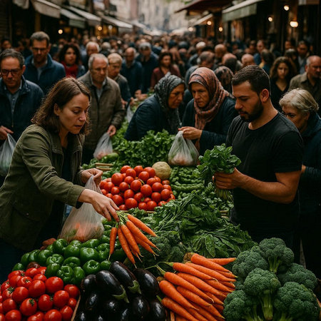 People buying vegetables at the street market in Barcelona