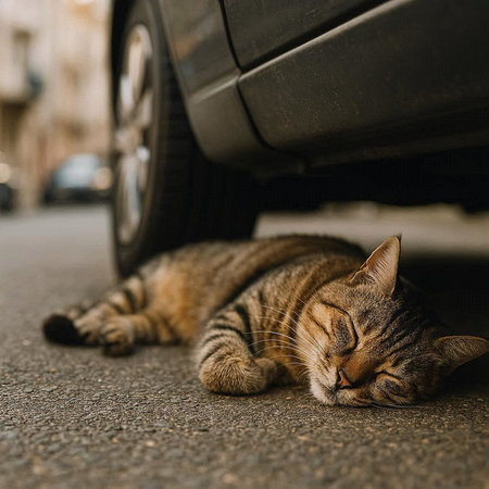 Sleeping tabby cat lying on the road under the car