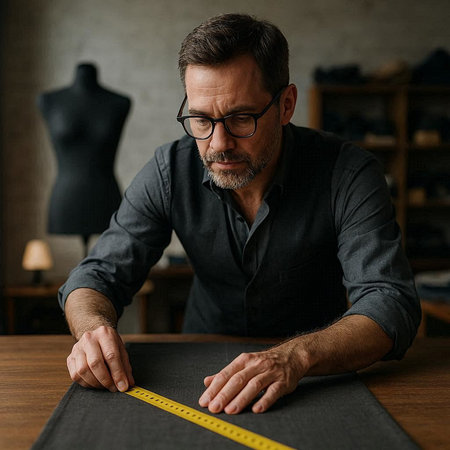 Handsome mature man in eyeglasses measuring fabric with a tape measure while working in his workshop