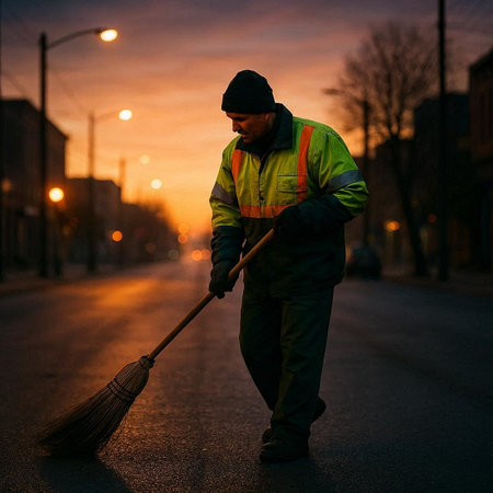 A man cleans the street with a broom in the early morning.