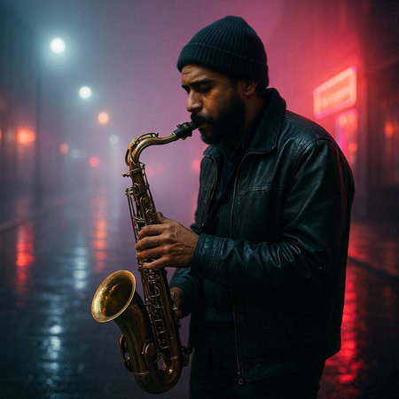 musician playing the saxophone on the street in foggy night