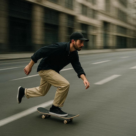 young man in cap riding skateboard on road in city, motion blur