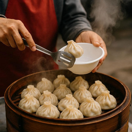 Steamed dumplings with meat in a wooden steamer.