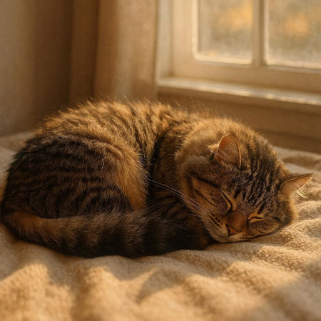 Cute tabby cat sleeping on the windowsill at home.