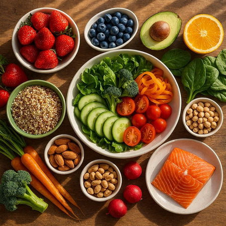 Healthy food clean eating selection: salmon, avocado, spinach, tomatoes, cucumber, radish, chickpeas, broccoli, flax seeds, seeds, superfoods
