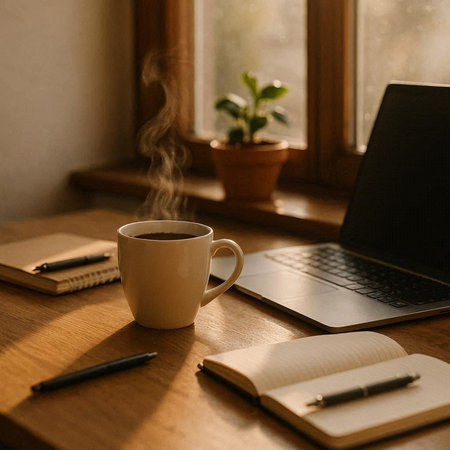 Coffee cup with notepad and laptop on wooden table near window