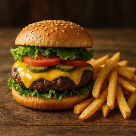 Hamburger and french fries on rustic wooden background, closeup