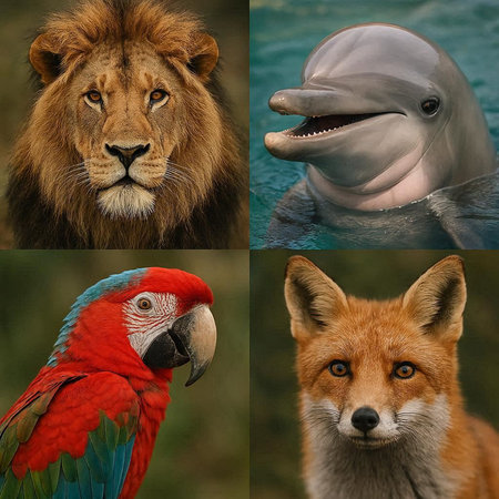 Set of images of animals in the wild. Lion, parrot, fox.