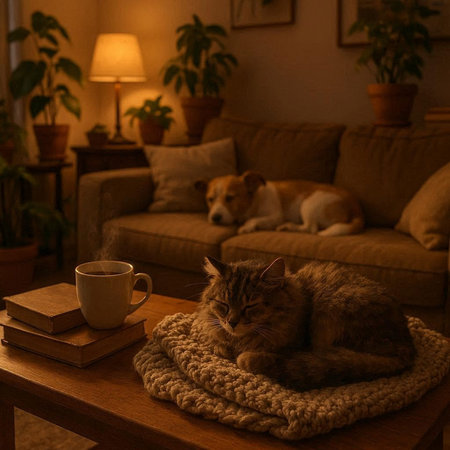 Cat and dog sleeping on a wooden table with a cup of coffee