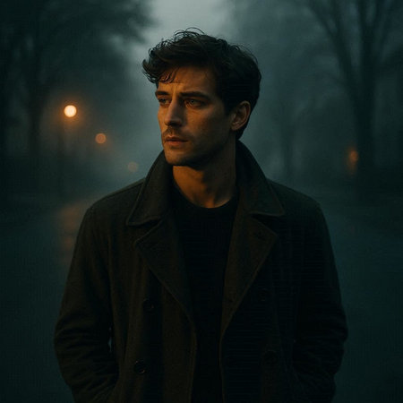 Young handsome man in a dark raincoat on a foggy night.
