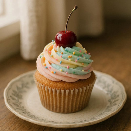 Cupcake with colorful cream and cherry on a wooden table.