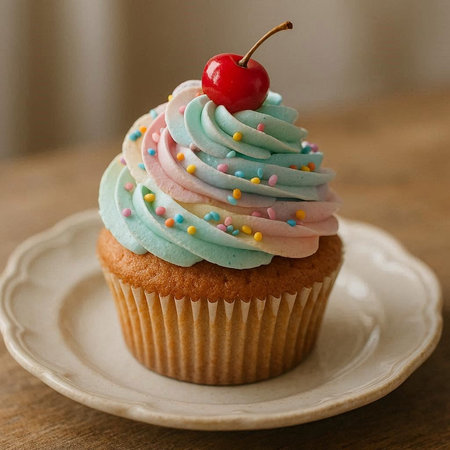 Cupcake with cream and cherry on a wooden background. Selective focus.