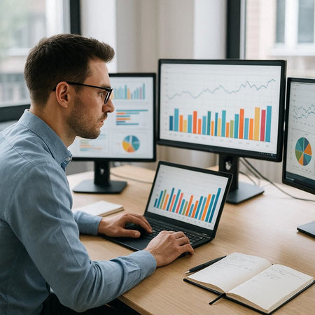 Side view of young man in eyeglasses using laptop while sitting at workplace with financial charts