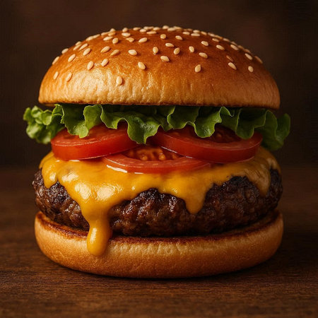 Cheese burger - American cheese burger with fresh vegetables on wooden background.