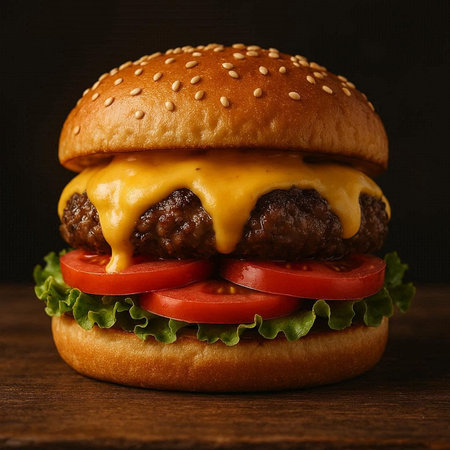 Big hamburger with beef cutlet, cheese and tomato on wooden background
