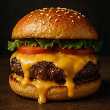 Hamburger with cheese and tomato on a dark background. Close-up.